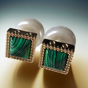 Gold Plated Malachite Pearl Stud Earrings